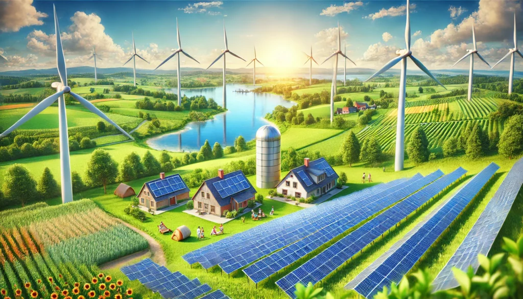 A realistic photo illustrating the importance of renewable energy with exactly three solar panels and three wind turbines