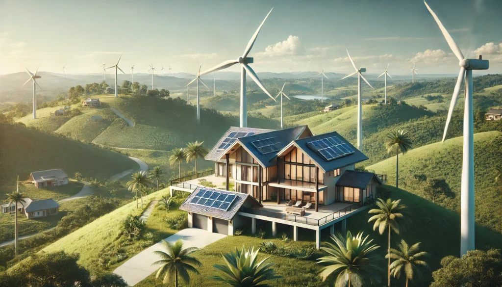 A realistic photo of a house on the hills in Florida with a wind turbine on the roof. The house should be modern and situated on a lush